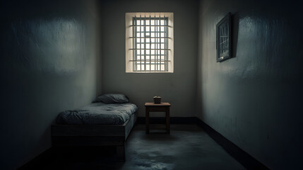 A stark, dimly lit prison cell featuring a bed, small table, and barred window.