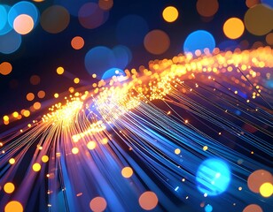 A dynamic array of glowing fiber optic strands in vibrant blue and yellow hues, illuminated by a network of light spots.