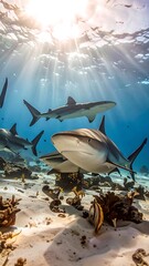 Sunlight illuminates a group of gray reef sharks swimming near a coral reef in shallow ocean water.