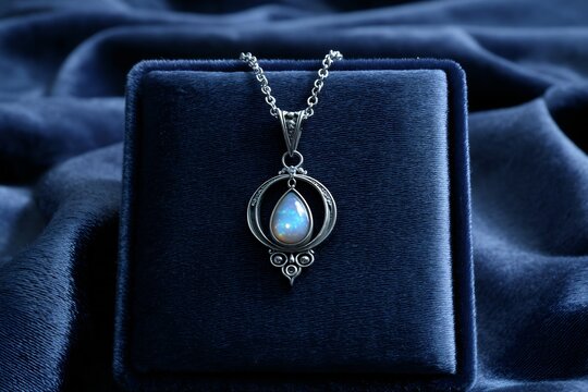 Twilight themed pendant crescent moon design opal and silver filigree Floating above a velvet pillow - Powered by Adobe