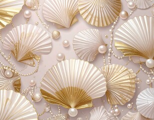 A delicate arrangement of ornate seashells and pearls, showcasing a soft, pastel palette and luxurious textures.