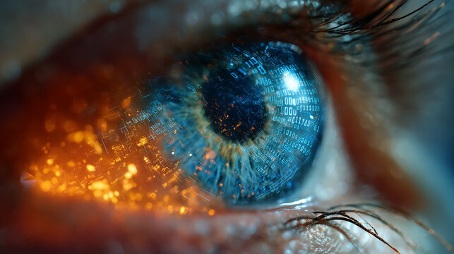 Human eye reflecting futuristic digital information and binary code