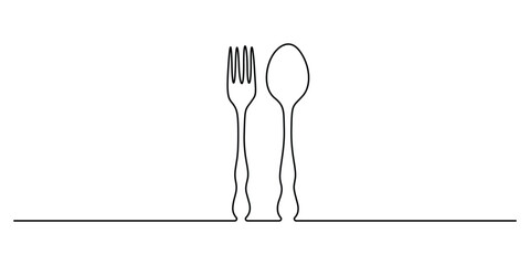Continuous one line drawing spoon and fork. Minimalist line art of spoon fork isolated on white background for kitchen and restaurant design. Vector illustration