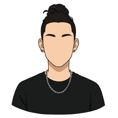 Faceless cartoon illustration of a young man with a top knot hairstyle and silver chain.
