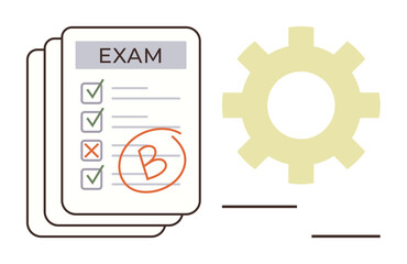 Exam sheet with checkmarks, an incorrect answer, and a B grade alongside a gear shape. Ideal for education, evaluation, productivity, feedback, development growth academic themes. Simple flat