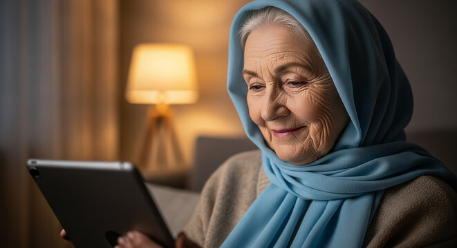 Elderly muslim woman wearing hijab using digital tablet at home