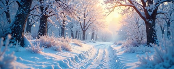 A whimsical winter scene in a snowy wonderland, featuring frosted trees, a path winding through glistening snowdrifts, and a magical, ethereal glow , glistening, shimmer, holiday