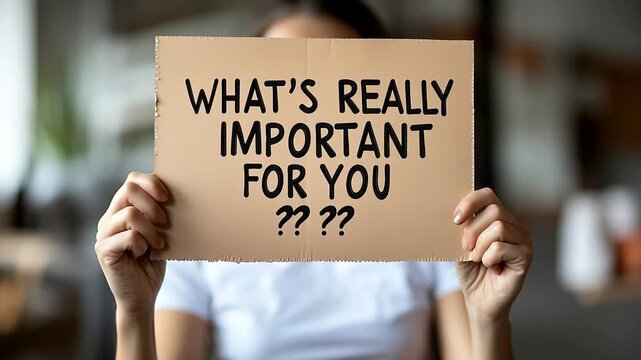 Person holding cardboard sign with text whats really important for you question mark, motivation inspiration message, self improvement awareness, life coaching personal growth business communication c