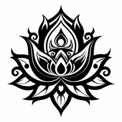 Black Silhouette Sacred Lotus Tribal Ornament Vector Illustration on White Background