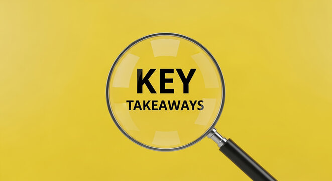Magnifying glass showing key takeaways on yellow background