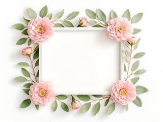 Fototapeta premium White frame surrounded by pink flowers and green leaves on a white background in a square format