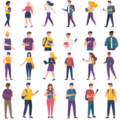 Set of flat vector illustrations featuring a diverse group of college and high school students.