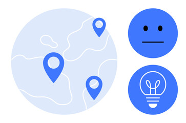 Globe with geolocation pins, neutral face, and light bulb icons representing location, emotions, and ideas. Ideal for navigation, innovation, education, global insight simplicity inspiration