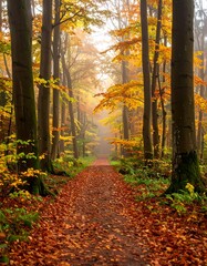 A tranquil autumnal path winds through a misty woodland, ablaze with fiery foliage.