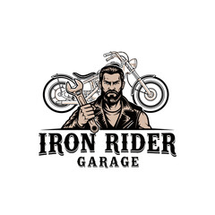 A logo for a motorcycle repair garage featuring a strong biker holding a wrench.