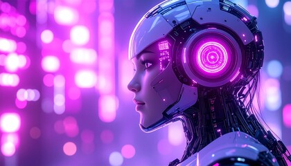 Futuristic Cyborg Woman AI, Neon Lights, and Technological Advancement