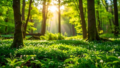 Sunlight streams through a verdant forest floor, illuminating a carpet of fresh green grass and tiny white flowers.