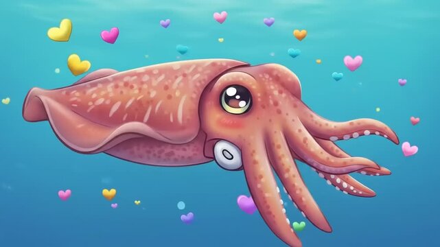 Playful cartoon squid swimming in a colorful underwater scene filled with hearts