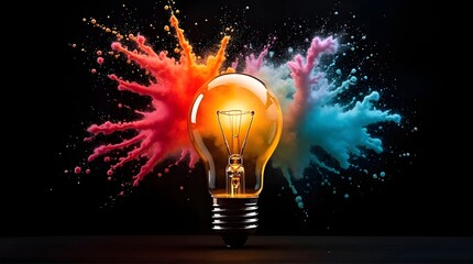 Vibrant lightbulb explosion with colorful powder, creative concept for innovation and ideas