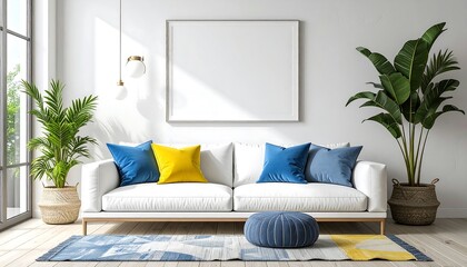 A bright and airy living room design features a white sofa with blue and yellow throw pillows, a framed artwork mockup, and lush greenery.