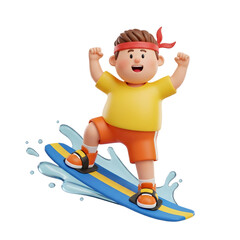 A vibrant cartoon illustration of a young boy surfing on a blue and yellow surfboard with water splashing around him.