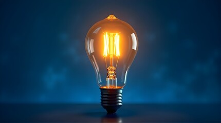 Glowing lightbulb illuminating new ideas and solutions for innovative business concepts on blue backdrop