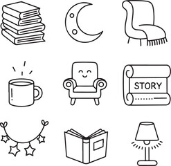Children’s Reading Hand-Drawn Icon Pack Stack of Books, Cozy Chair, Moon, Blanket, Cup of Milk, Story Scroll, Bookworm, Star Garland, and Night Lamp