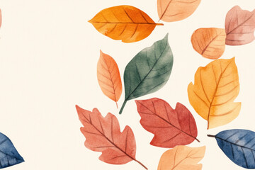 Obraz premium Colorful autumn leaves scattered across a light watercolor background, soft brush textures and delicate gradients create a vivid seasonal composition ideal for design projects and backgrounds.