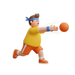 A cartoon boy in athletic wear is playing basketball, reaching out to catch the ball.
