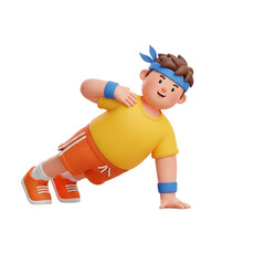 A cartoon illustration of a young man doing a push-up exercise, looking happy and energetic.