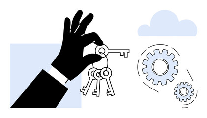 Hand holding multiple keys symbolizes access and solutions, with gears and cloud representation of innovation, teamwork, and technology. Ideal for business, strategy, data, management, security
