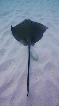 Grey Stingray Swimming Gracefully over Sandy Seabed with Clear Blue Water in Tropical Ocean with Natural Sunlight Streaming Through