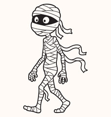 Fototapeta premium A vector black-and-white mummy character walking, wrapped in bandages, for Halloween or ancient Egypt themes