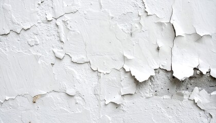 A close-up view of a weathered white wall, showcasing intricate patterns of cracked and peeling paint.