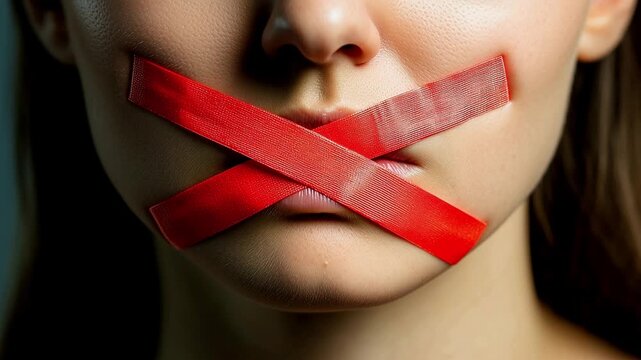 Woman mouth sealed with red tape cross symbol, censorship concept close up, freedom of speech violation protest image, silenced female face oppression justice awareness, human rights abuse communicati