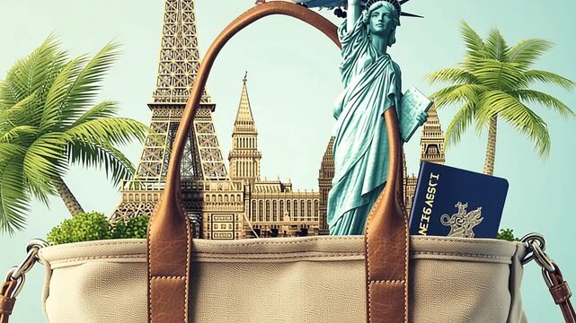 Travel bag with famous landmarks and passport, tourism adventure concept, Statue of Liberty, Eiffel Tower, Big Ben, palm trees holiday background, international journey inspiration, vacation world exp