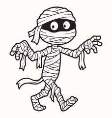 Obraz premium A stylized, black-and-white cartoon of a walking mummy with a slightly confused expression..e