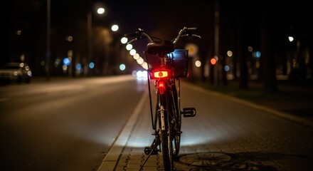 Bicycle at night on city street.  Rear view.  Visible red taillight.  Streetlights and blurred car lights.  Cityscape background