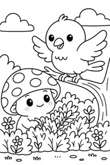 Cute bird perched on a branch near a mushroom in a whimsical forest scene