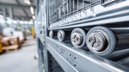 Mobile shelving units in use captured in medium shot with clear focus on smooth wheels and metal framing while the distant factory setting fades softly.