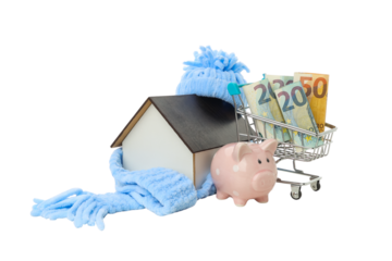 Model home with piggy bank shows heating costs, isolated on white, PNG
