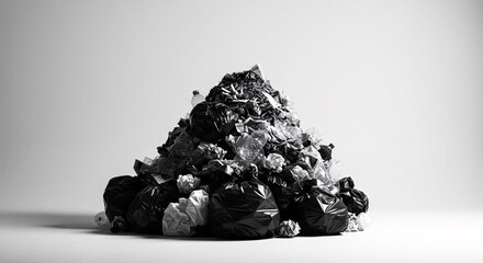 A solitary mountain of black garbage bags and discarded refuse, a powerful black and white artistic statement on environmental pollution and modern overconsumption