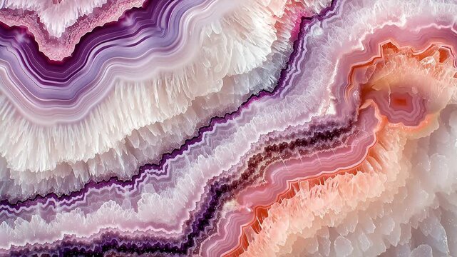 Colorful mineral crystal geode texture abstract background, close up agate stone layers purple pink orange pattern, natural quartz gemstone surface polished macro detail geology science concept luxury