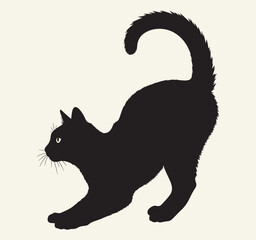A silhouette of a black cat stretching with its tail curled up and eyes visible
