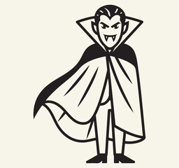Obraz premium A full-body, black-and-white illustration of a classic vampire with a cape and fangs.