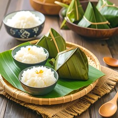 A wooden tray filled with bowls of white rice and rice wrapped in vibrant green banana leaves.