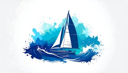 Sailing yacht on abstract teal waves