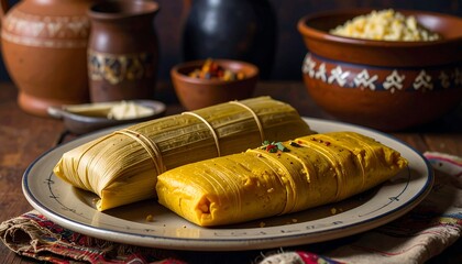 Two traditional tamales, one wrapped in dried leaves, the other golden yellow and richly seasoned, are displayed on a plate, set against a rustic wooden table with earthenware bowls.