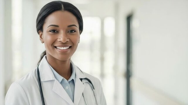 Smiling healthcare professional in a bright hospital corridor - Powered by Adobe