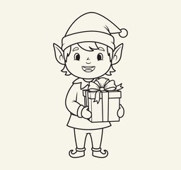 A cute, happy Christmas elf holding a wrapped gift with a large bow